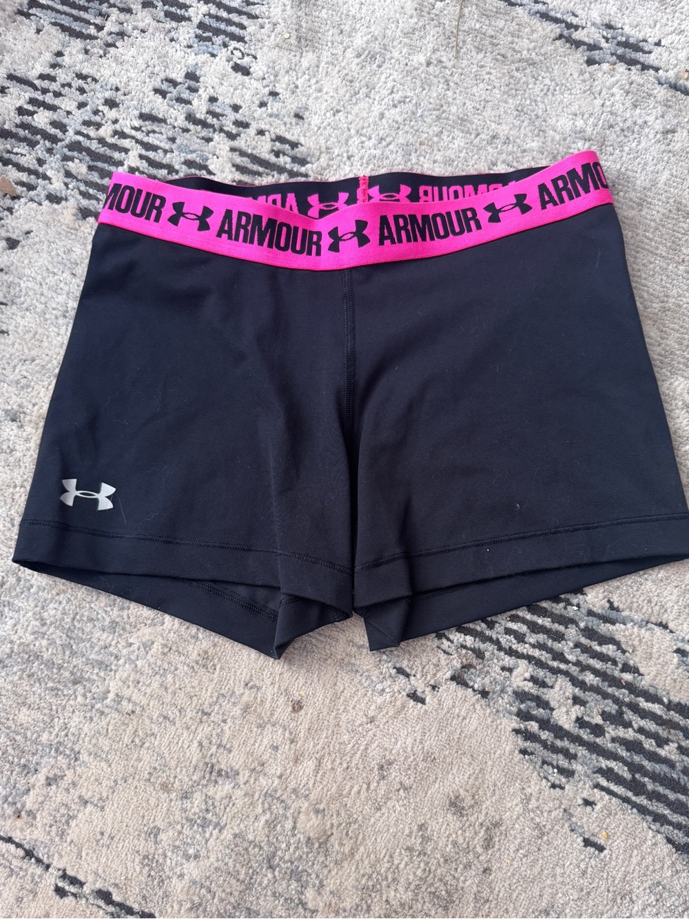 Under Armour Women's Black Athletic Shorts with Pink Branded Waistband